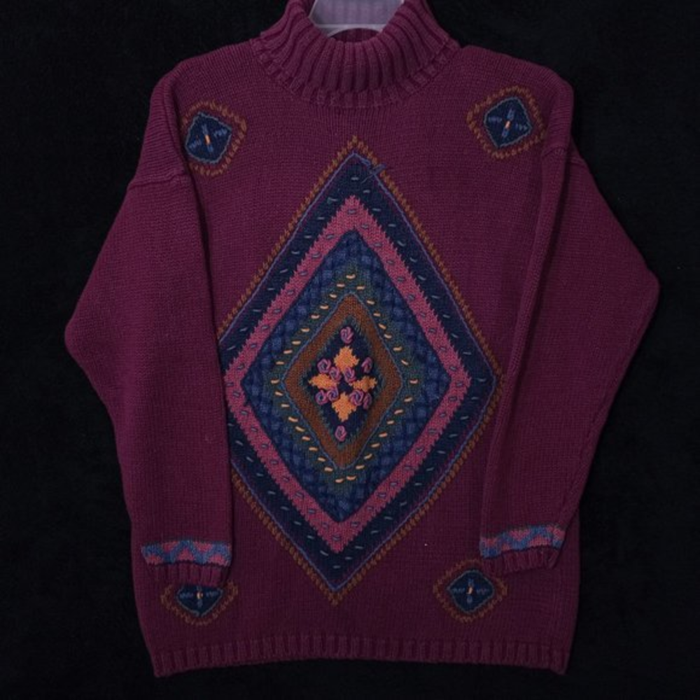 Pasta Turtle Neck Knit Sweater Size Large Maroon Red‎ and Blue  #052